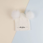 Picture of Off White Beenie Cap With Fur For Kids (With Name Embroidery) - Suitable For Below 3 Years