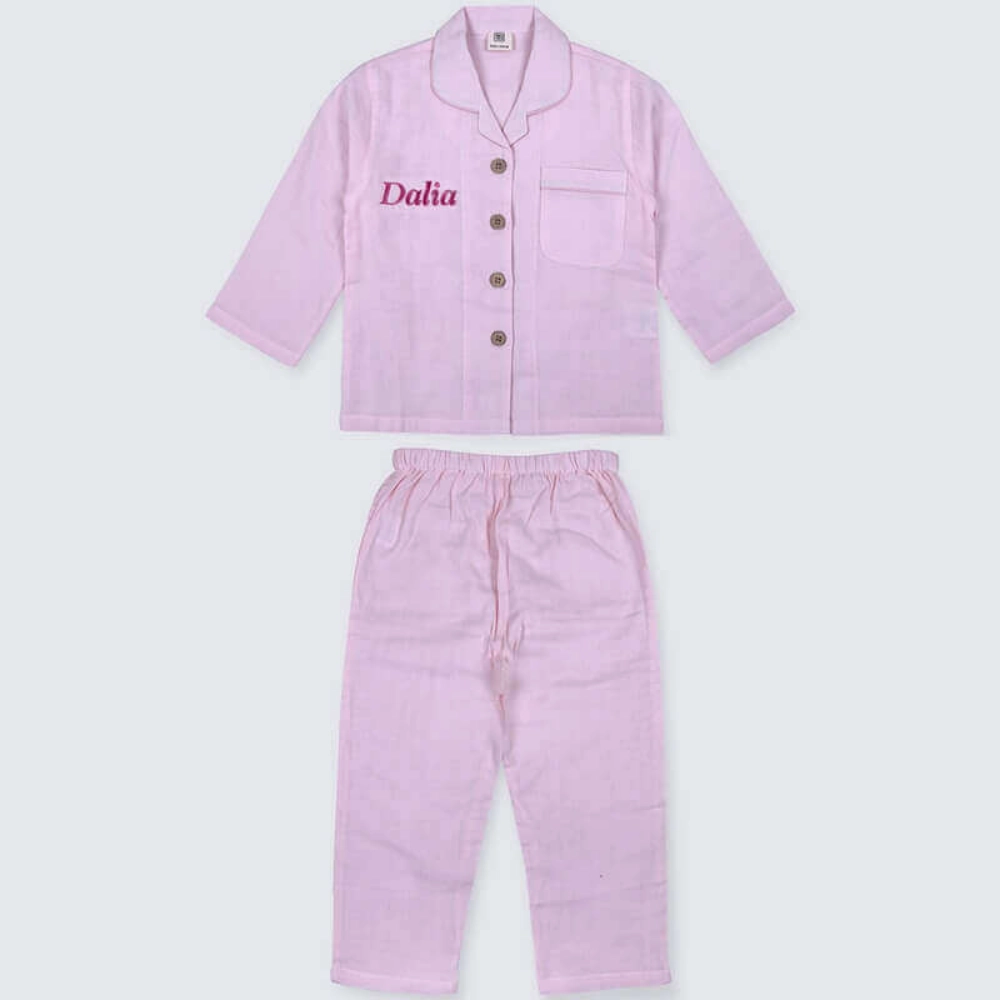 صورة طقم بيجامة قميص وبنطلون للاطفال لون بنك (مع امكانية تطريز الاسم) TIYA 