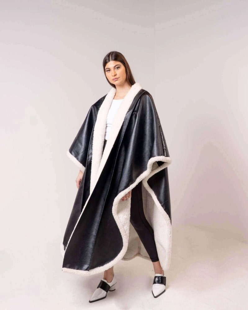 Picture of Saudi  Women's long black glossy black winter fur Bisht, open on both sides (With Name Embroidery Option)