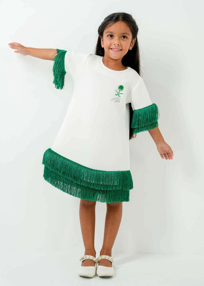 صورة 7361 فستان بناتي طويل أبيض-أخضر SS2-23 (مع إمكانية تطريز الاسم)
