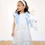 Picture of White And Blue Sequin Gergean Dress With Headband And Shoulder Bag For Newborn